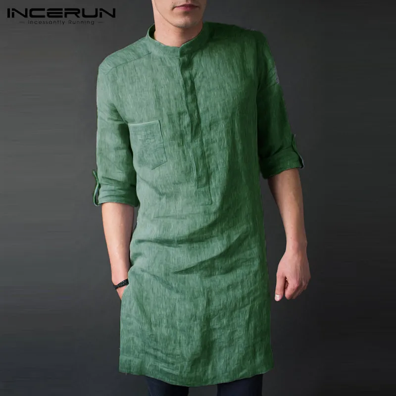 

INCERUN Mens Shirt Solid Color Stand Collar Long Sleeve Loose Casual Tops Indian Kurta Suit Vintage Men Long Shirts Camisa 2019