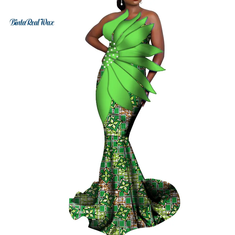 Дашики африканские платья для женщин Базен Riche Длинные Вечерние Платья Женская африканская одежда лепесток платья с жемчугом WY3466 - Цвет: 2