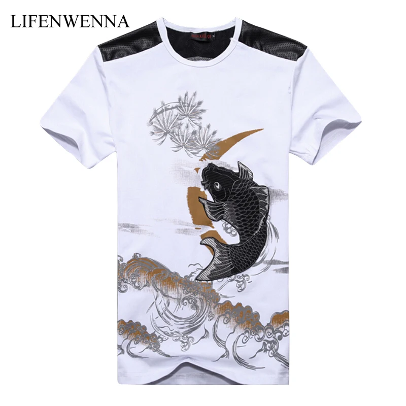 Plus velikost 6XL moška majica Nova moda kitajski slog Goldfish vezenje moške majice s kratkimi rokavi Slim Fit priložnostne majice