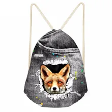 Funny 3D Animal Fake Denim Fox Printing Drawstrings Bags for Girls Boys Casual Softback Backpacks Galaxy Beach BagsSumka