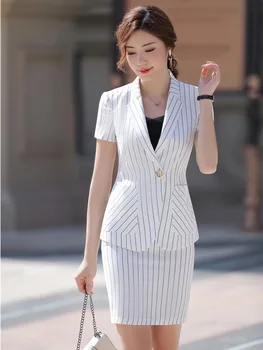 

Formal 2 Piece Set Women Business Suits With Tops and Skirt For Ladies Office Professional Work Wear Fashion Striped Blazers