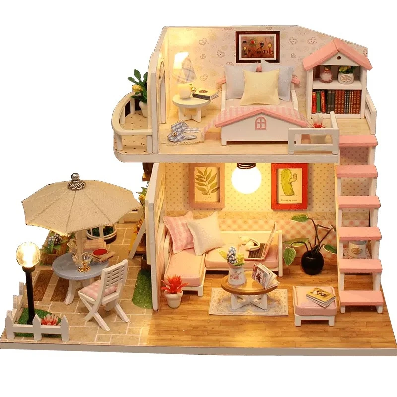 

Loft Wooden Doll House Handmade DIY Pink Miniature Dollhouses Kit Music Box Toys For Girls Xmas Gifts