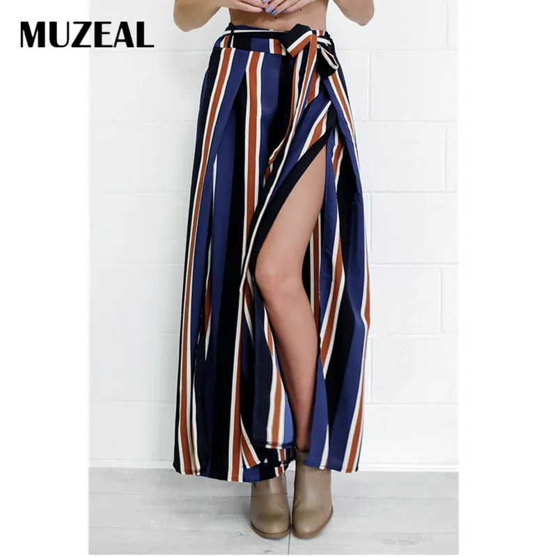 MUZEAL женщина щели Длинные штаны Multi Цвет полосой широкую ногу пикантные Женские