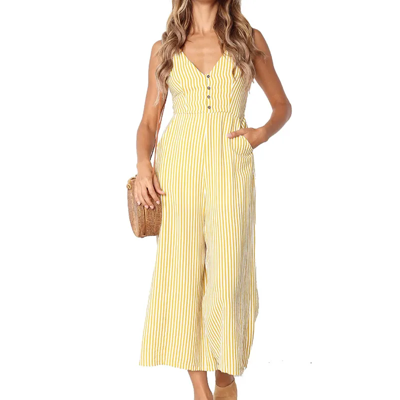yashangyi Combinaison Femme Casual Stripe Women's Jumpsuits and Romper Sexy V-Neck Summer Button Pocket Overalls Wide Leg Pants 