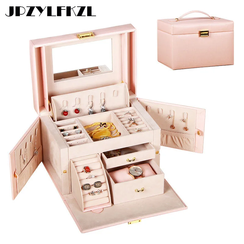

PU Leather Multi-layer Jewelry Box Drawer Girls Earrings Necklace With Mirror Lock Storage Organizer Case Accessories Supplies