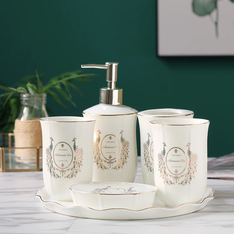 

Bathroom Set Ceramic Lotion dispenser Toothbrush Holder Soap Dish Gargle cup Tray ceramic Bathroom Accessories Sets