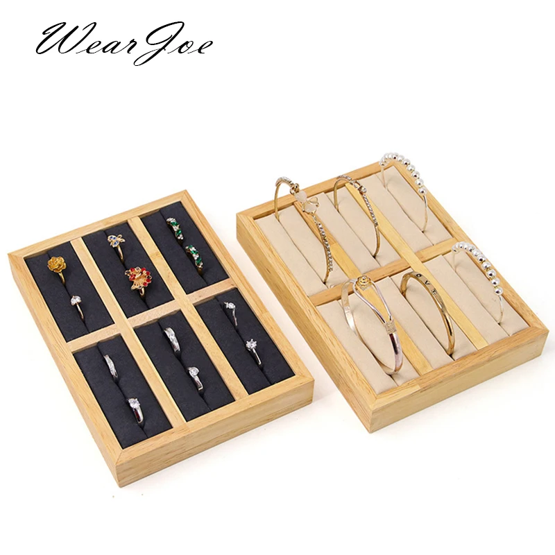 Wooden Fashion Jewelry Ring Display Stand Organizer Slot Tray Retail Shop Cufflinks Earring Bangle Wedge Holder Storage Showcase