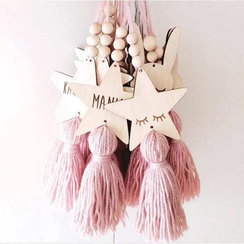 

Cute Star Shape Wooden Beads Tassel Pendant Kids Room Decoration Nordic Style Wall Hanging Ornament Girl Gifts Photography Props