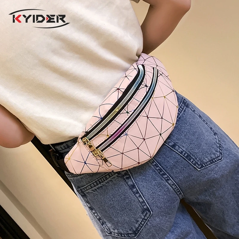 

KYIDER Women's fashion Waist Packs personalized rock and roll color PU leather flashing lattice belt bag nerka fanny pack