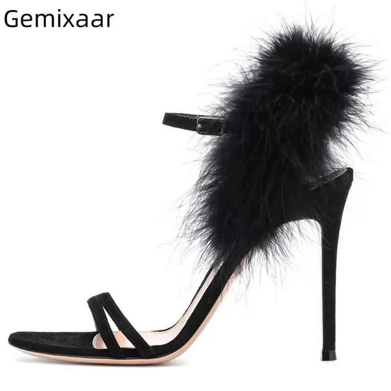 

Fur Sandals Shoes Woman Open Toe Narrow Band Sandalias Black Sheepskin Thin High Heels Sandals Sandalia Feminina Walking Shoes