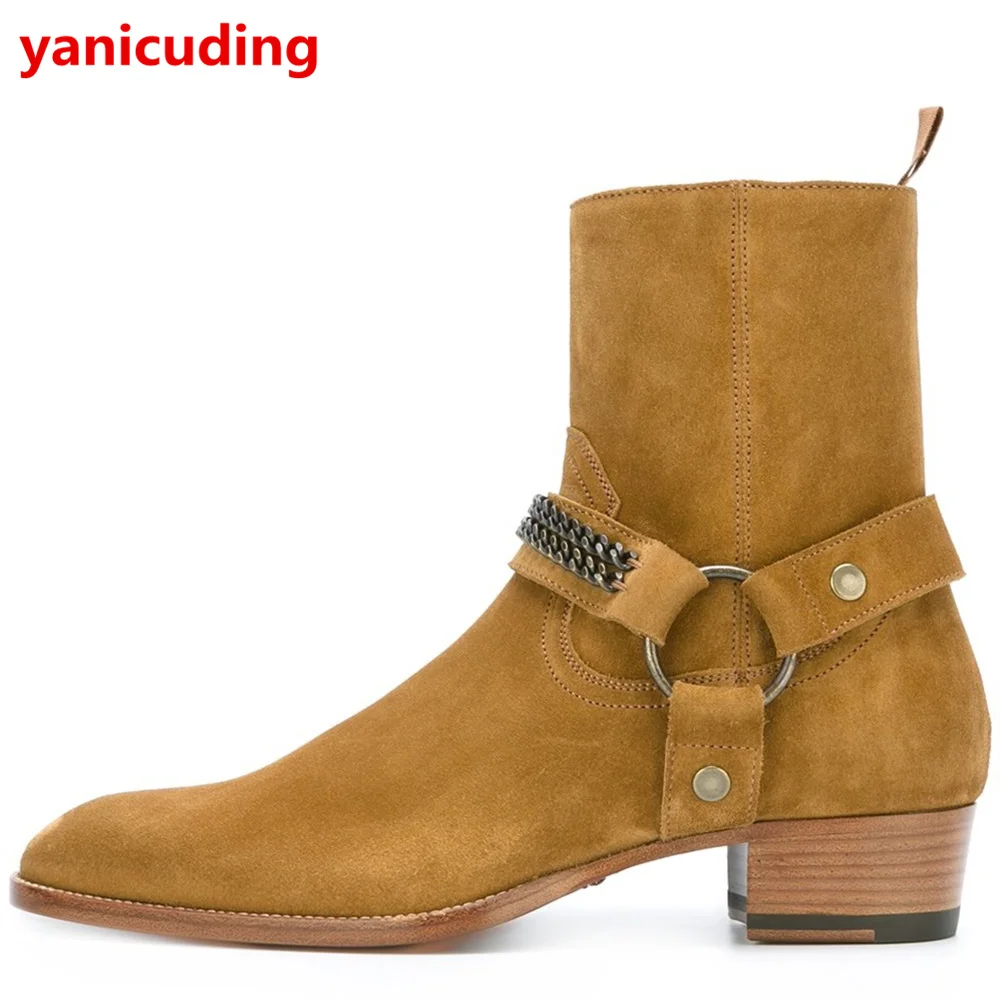 

yanicuding Round Toe Zip Men Boots Chain Decor Bottes Hommes Med Heel Super Star Runway Dress Winter Autumn Shoes Luxury Brand