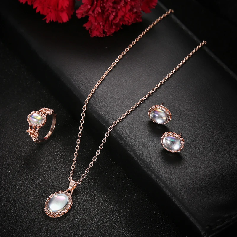 Opal Women Jewelry Sets Stone Pendant Necklaces Choker Water Drop Earrings Ring Gold Color Bohemia Wedding Jewelry Delicate Gift