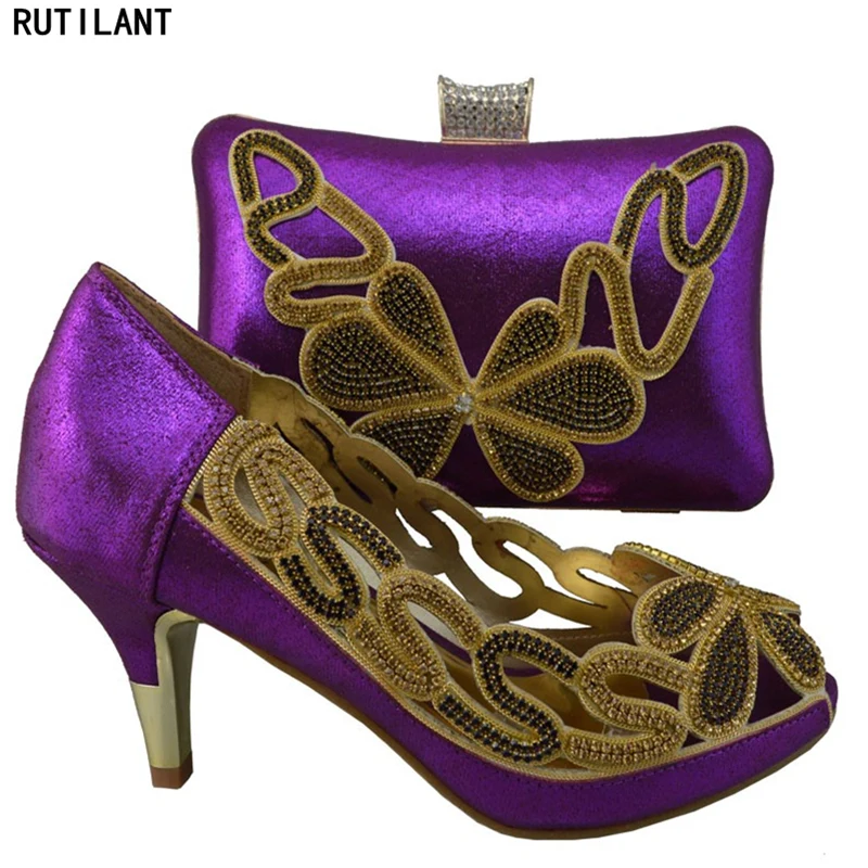 

Purple Shoe and Bag To Match Italian African Women Matching Italian Shoe and Bag Set Decorated with Rhinestone Nigeria Shoe Bags