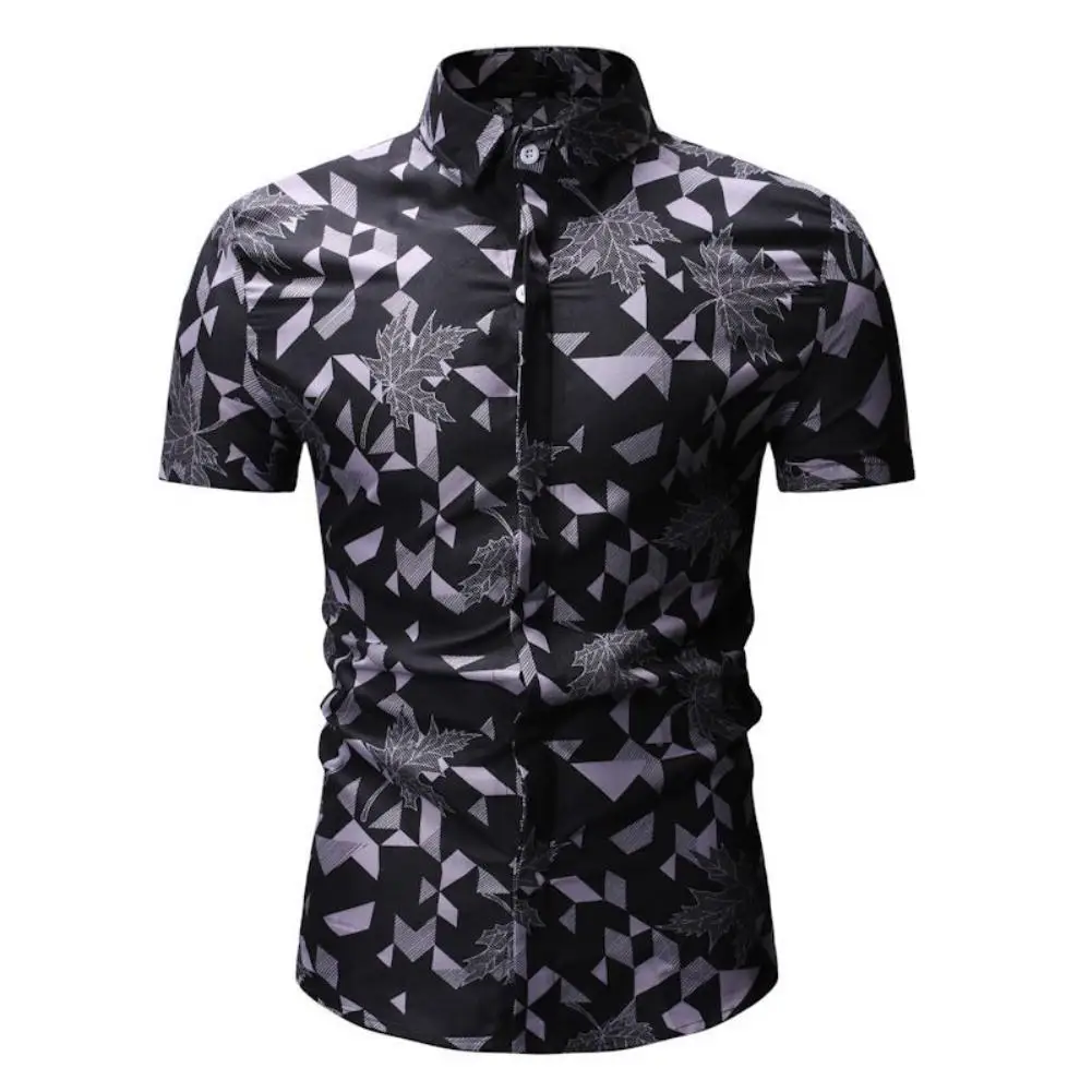 

Men Shirt Summer Beach Men Maple Leaf Print Turn Down Collar Short Sleeve Shirt Slim Top