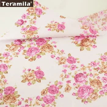 

Teramila Fabric Printed Blooming Pink Rose Style 100% Cotton Tissue Patchwork Quilting Textile DIY Baby Dress Scrapbook Sewing