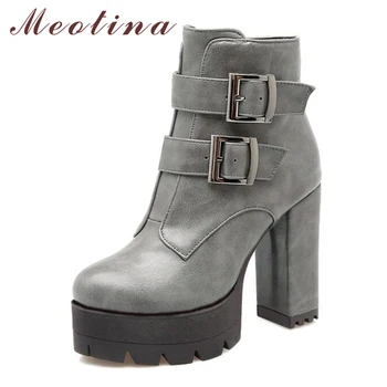 

Meotina Winter Ankle Boots Fashion Autumn Platform Motorcycle Boots Pu Leather Buckle High Heel Female Boots Red Gray Size 9 10