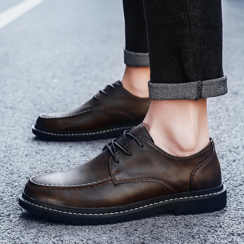 GOODRSSON/Повседневная мужская кожаная обувь в британском стиле; мягкая обувь из искусственной кожи на шнуровке с круглым носком; повседневная обувь для вождения; Мужская однотонная модная повседневная обувь
