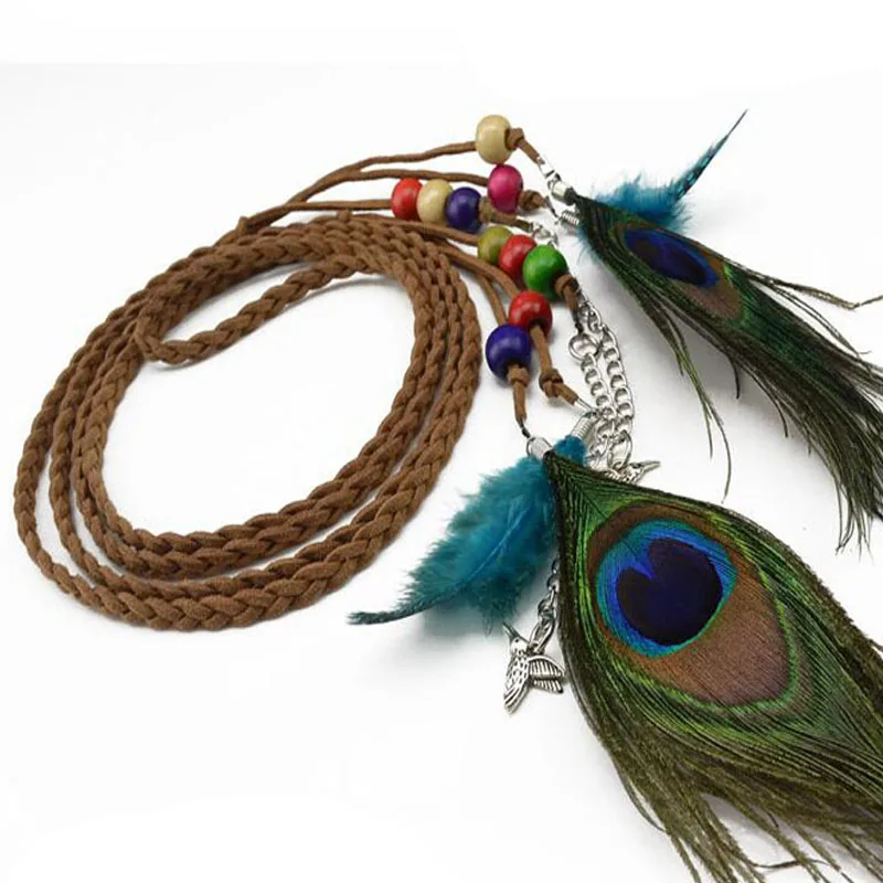 

New Accessories Decorative leaf Folk-Custom Peacock Braided Feather Waist Belt Chain thin belt girdle belt for women F0071