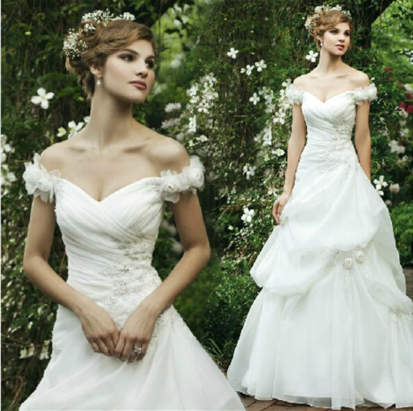 

flowers appliques hot sexy boat neck organza a-line wedding dress 2015 cheap vestido de noiva brides gown cap sleeve pleat