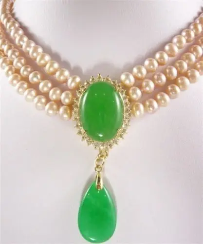 

Hot sale new Style >>>>>New Design 3 Rows Yellow Pearl + 18kgp Green Jade Pendant Necklace