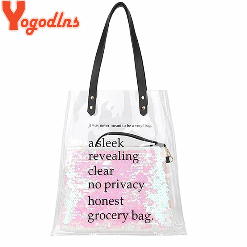 

Yogodlns 2019 Summer Tote with Sequin Clutch Purse Transparent Women Handbags Fashion Letter Jelly PVC Clear Shoulder Bags