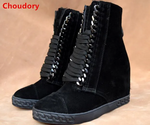 Black/navy blue suede wedge boots 8CM wedge heel height increasing metal chains lace up women ankle boots winter warm fur boots