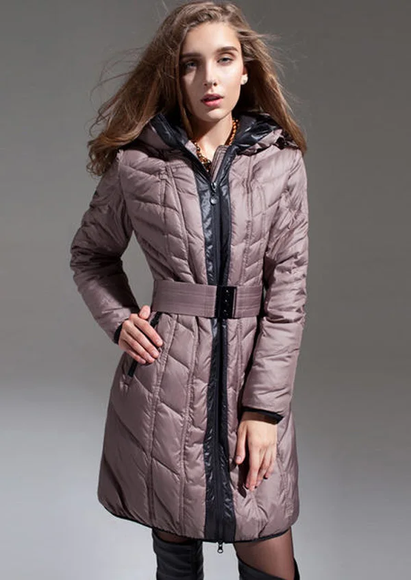 2014 female winter zipper hooded white duck down parkas European women long belt overcoat thick slim plus size coat 4XL 5XL E779