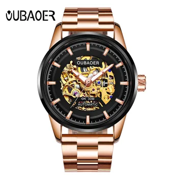 

Luxury Top Brand OUBAOER Mens Watch Rose Gold Steel Automatic Skeleton Mechanical Watch Men Sport Waterproof Casual Wristwatches