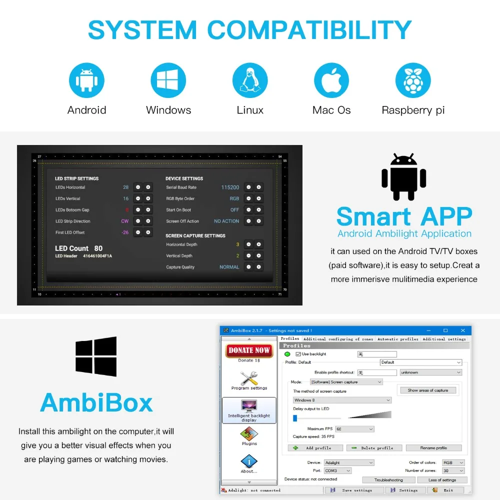 Продажа Светильник Ambi tv USB Светодиодная лента светильник 5050 RGB Dream color ws2812b полоса для ТВ настольного ПК экран тыловая подсветка 1 м 2 м 3 м 4 м 5 м