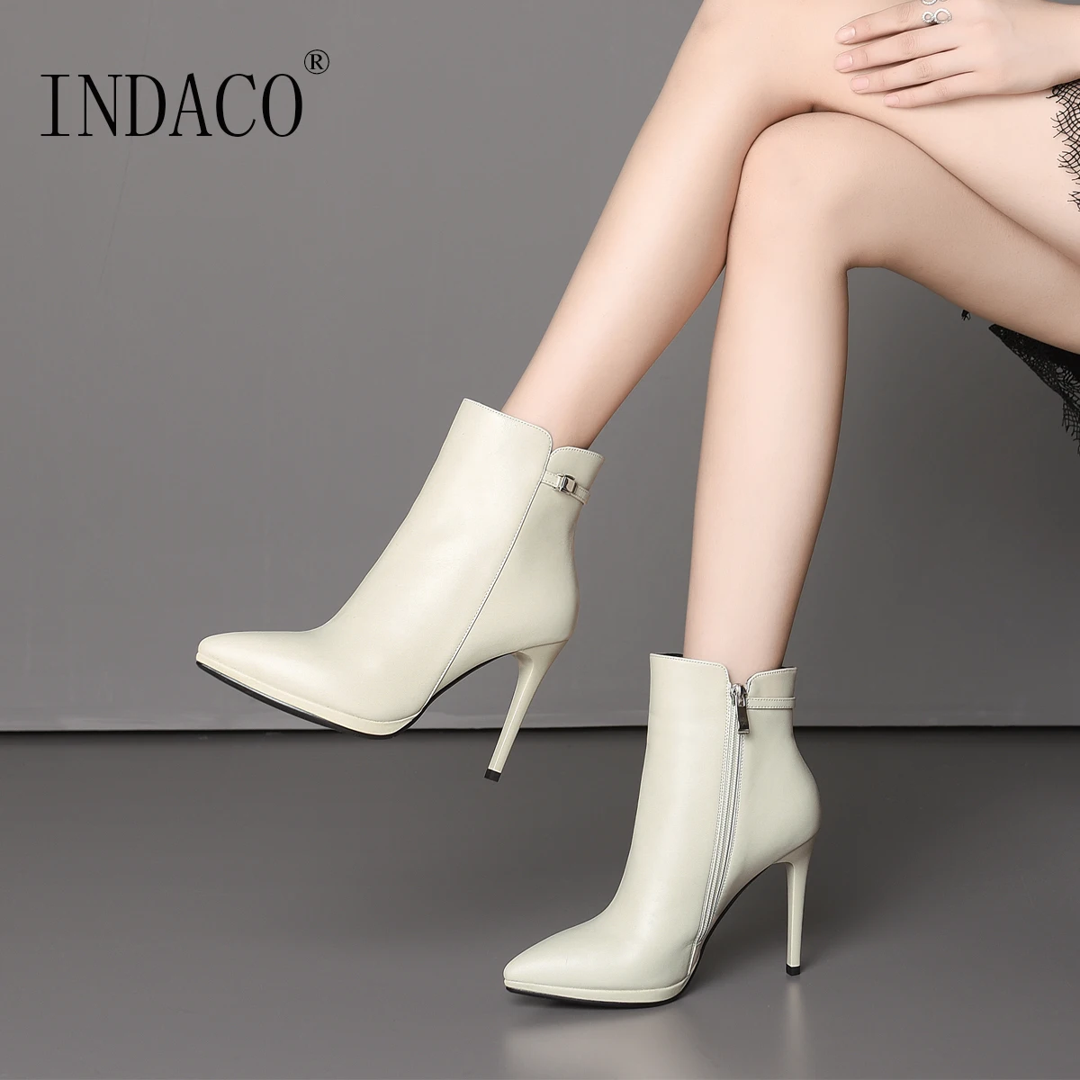 

Ankle Boots for Women Fashion Winter Botines Mujer 2018 Black Beige Leather Winter Shoes Women 10cm