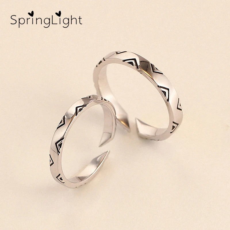 

SpringLight Real 925 Sterling Silver Creative Fine Jewelry Vintage Indian Traditional Triangle Grain Pattern Ring for Women