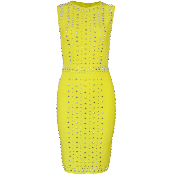 

High Quality Ladies Sexy Studded Yellow Black Bandage Dress 2018 Knitted Elegant Designer Party Dress