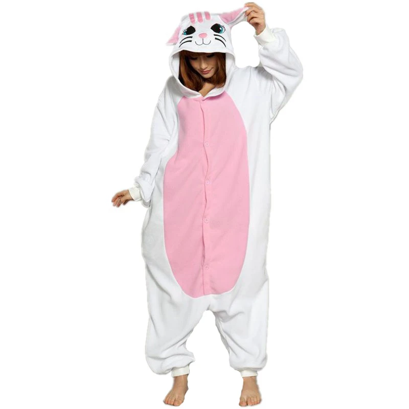 

Cute White Cat Onesie Kigurumi Soft Animal Costume Women Jumpsuit For Adult Pyjamas Sleepwear Halloween Kitty Pajamas Cosplay