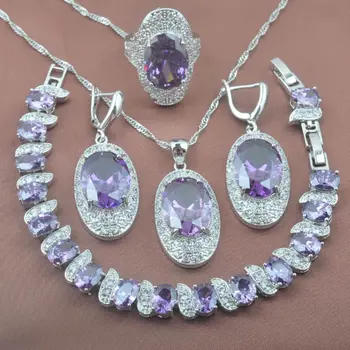 

AAA Quality Silver Plated Noble Purple Stone Crystal Women's Jewelry Sets Bracelet Necklace Pendant Earrings Ring YZ0288