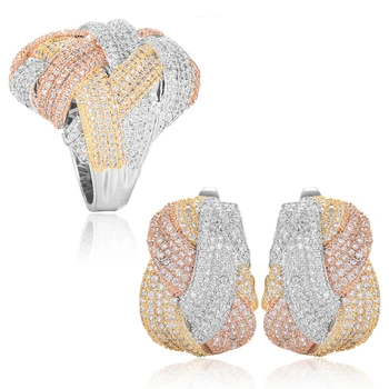 

2 PCS Luxury Dubai Braided Cross Line Earrings Finger Ring Jewelry Set Gifts For Women Wedding Engagement Wear bijoux femme