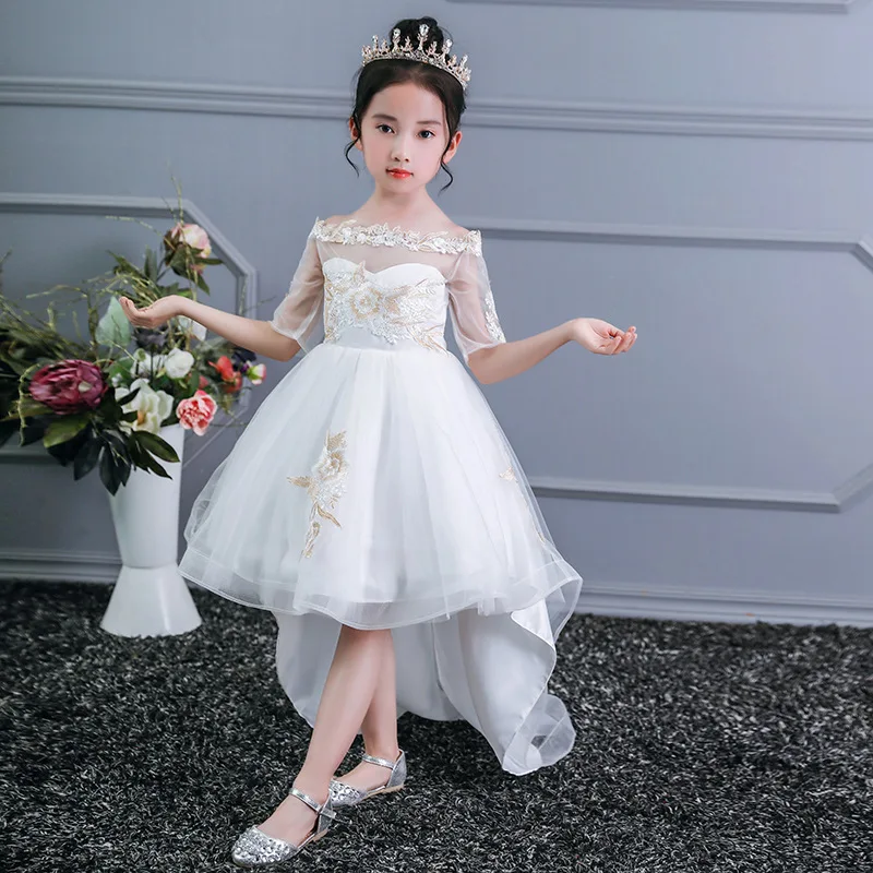 Детское платье; платье принцессы с длинным шлейфом; свадебное вечернее платье с цветочным узором для девочек; юбка-американка с вышивкой на плече; костюм ведущего