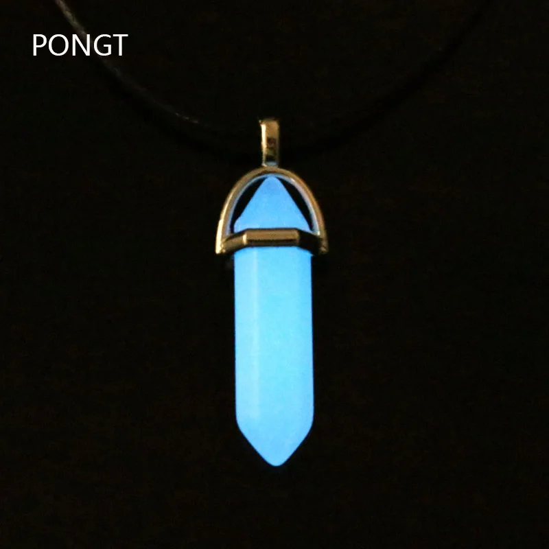 

Glow in the Dark Luminous Stone Pendant Necklace moonstone Natural quartz crystal pendant opal Hexagonal Leather Chains Necklace