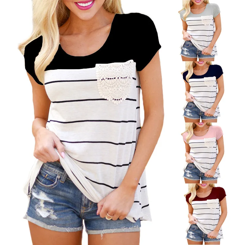 

2019 Round Collar Pocket t shirt Women Stitching Stripe Short Sleeve t-shirt O-neck Patchwork Regular Knitted top