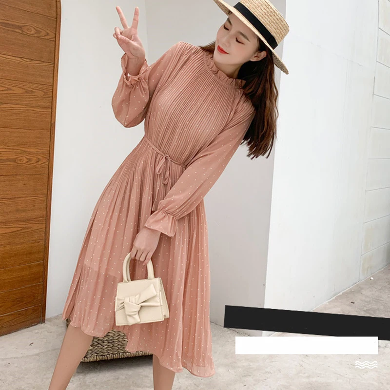 

Spring Autumn Lady Long Chiffon Dress 2019 New Korean Fashion Women Long Sleeved Polka Dot Pleated Dresses aa180