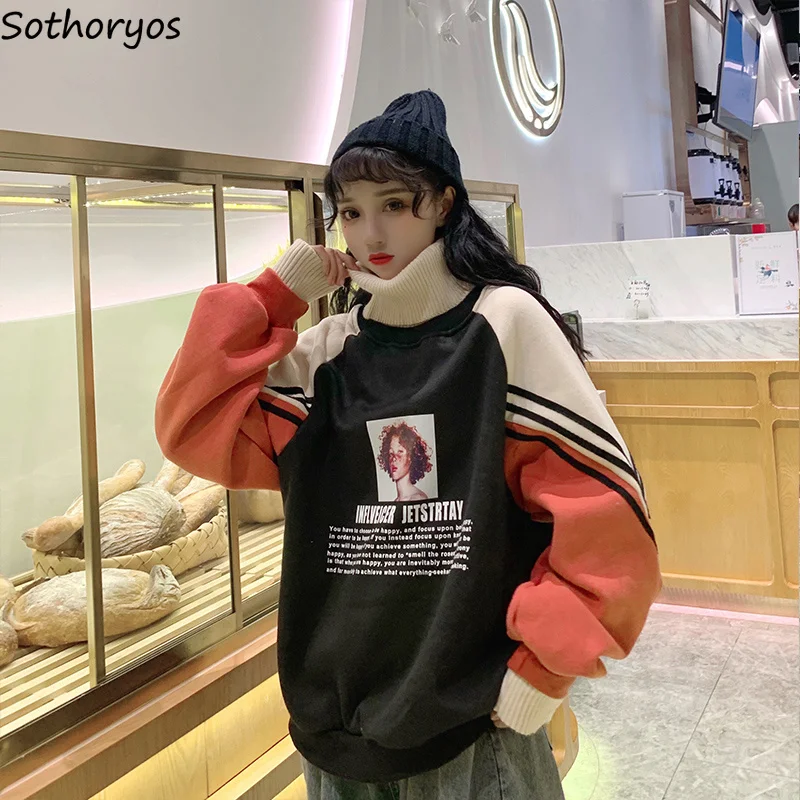 Najtaniej Bluzy damskie z golfem grubsze i aksamitne ciepłe Harajuku swetry z nadrukami damskie Oversize Patchwork Leisure Chic bluzy