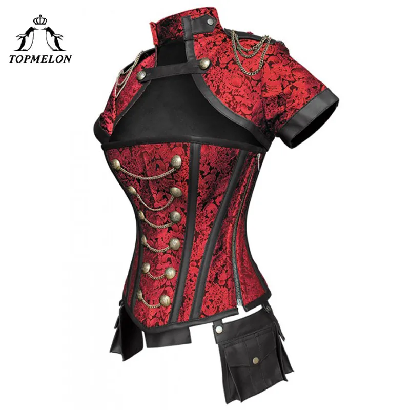 TOPMELON Steampunk Corset Gothic Steel Boned Flora Punk Bustiers Women Cut Out Chains Buttons Corselet Short Sleeve Bustier Tops