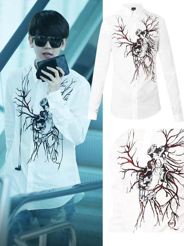 EXO Wu Yifan KRIS/белая рубашка с длинными рукавами и граффити на весну лето| |