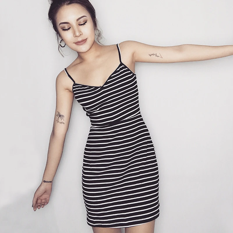 

Women Sexy V Neck Spaghetti Strap Mini Dress Striped Cami Dresses