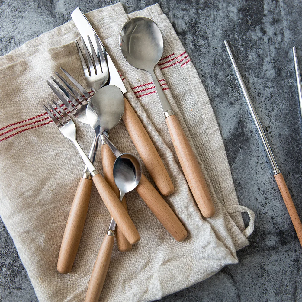 

4/6PC Creative Wooden Handle Tableware Stainless Steel Western Steak Dessert Fruit Noodle Ice Cream Kitchen Cooking Cutlery Set