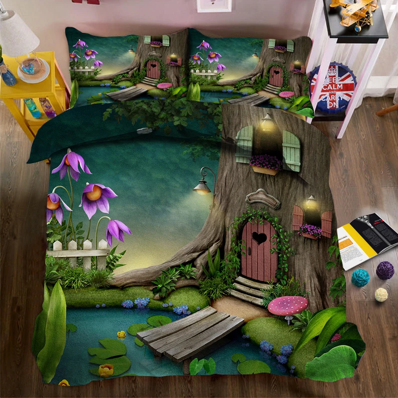 

Cartoon tree house 3d effect photo bed linen can be customized photo pattern