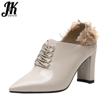 

JK Pu Fashion Pumps Women Pointed Toe Cross Tied Footwear Mules Shoes Female Faux Fur High Heels Shoes Woman 2019 Spring New