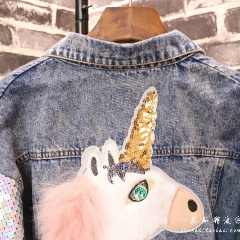 buy Women Sequined Jacket Denim Faux Fur Stitch Unicorn Patch Coat Single Breasted Denim Long Batwing S