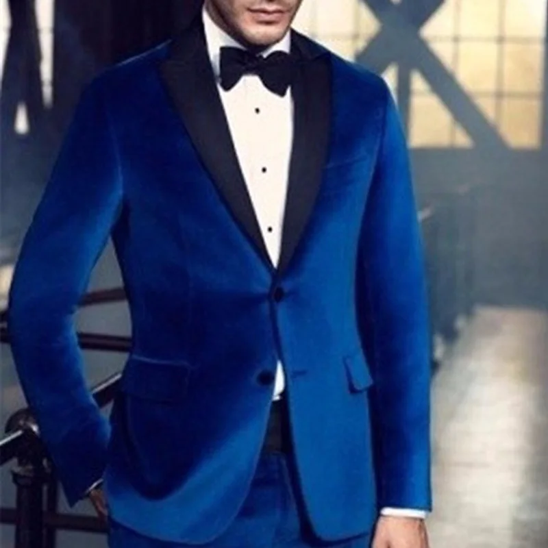 2018 Royal Blue Velvet Business Men Suits Peaked Lapel Two Button