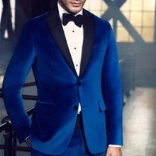 2018 Royal Blue Velvet Business Men Suits Peaked Lapel Two Button Custom Made Wedding Groom Tuxedos Two Piece Jacket Pants