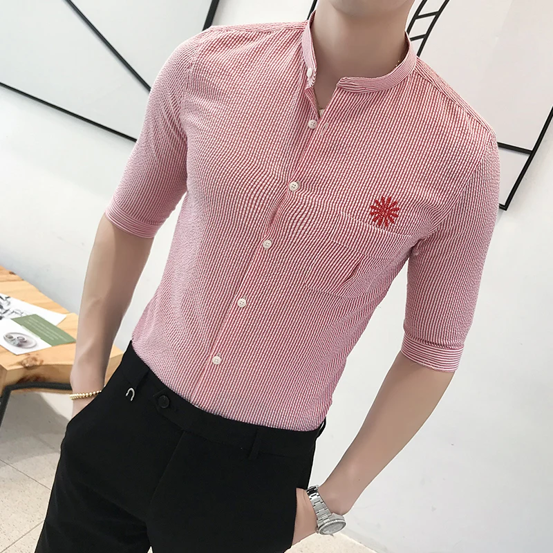 

2019 Summer Youth Dark Striped Shirt Men's Wild Tide Plaid Net Red Trend Sleeve Thin Five-Sleeve Cotton Shirt